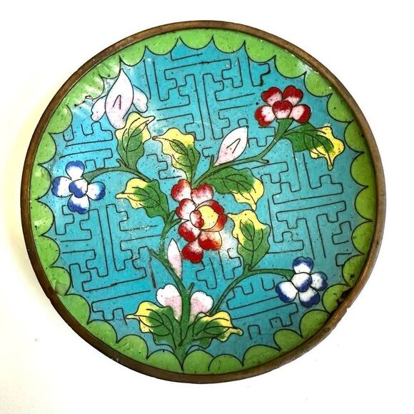 Chinese Cloisonne Enamel Brass Floral small Tray Turquoise Blue - Picture 1 of 5
